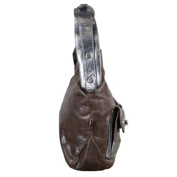 Tano Brown Distressed Leather Purple Lined Silver Trim Hobo Purse Shoulder Bag - Picture 3 of 10